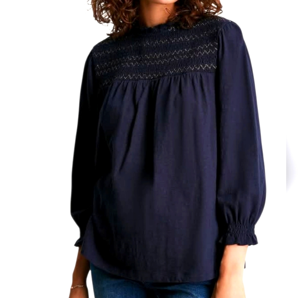 Joules Kirstie Navy Blue Smocked‎ Peasant Top Ruffle Mock Neck Cottagecore 12